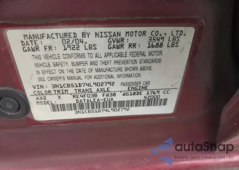 2004 Nissan Sentra 1.8S из США, поврежденный, VIN 3N1CB51D74L902792